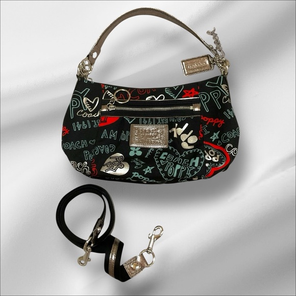 Coach Crossbody Bag Graffiti Hearts Retired Black Red Silver G1020-18051 - Picture 1 of 13